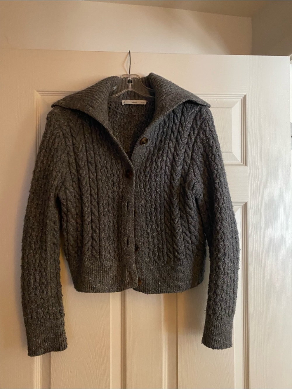 Mango Dark Gray Cable-Knit Funnel Neck Button Cardigan